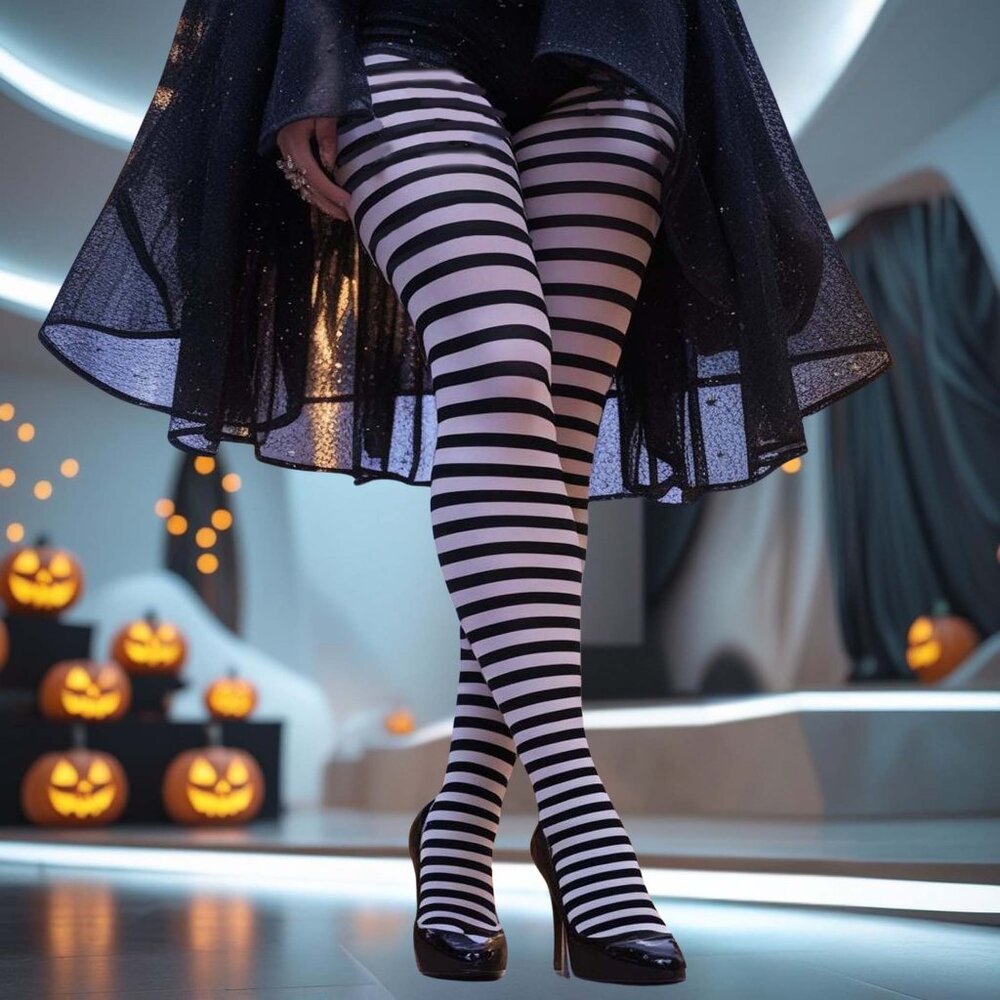 Plus Striped Opaque Tights Womens 1x/2x 3x/4x Black-White Novelty Hosiery